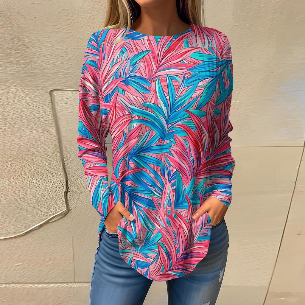 Women's  Loose Casual Flower Printed Round Neck Long Sleeved T Shirt Top Pullover Long Sleeved Sweatshirt