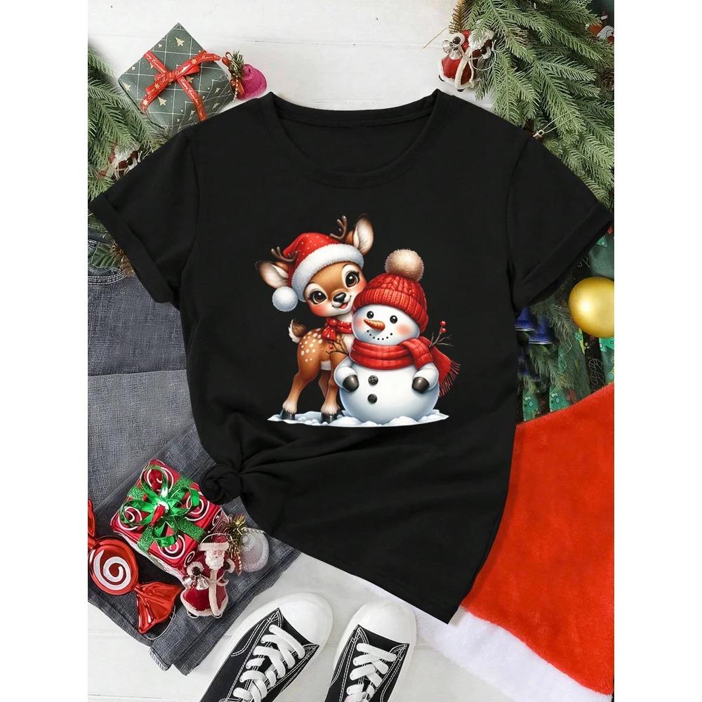Cute Christmas Reindeer Print Women's T-shirt Cartoon Casual Short Sleeved Round Neck Women's Red T-shirt Women Y2k T-shirt Women