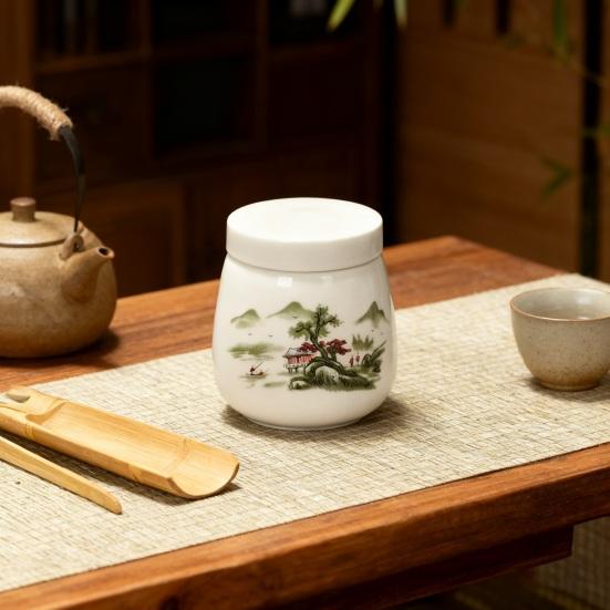 Ceramic Tea Caddy with Lid Portable Storage Jar for Loose Leaf Tea Honey Spices Even Cooking Egg Cup Airtight Container for Kitchen Countertop