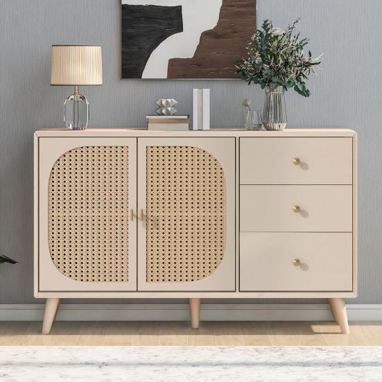 TV Desk Spacious Countertop with 3 Drawers 2 Doors Hutch Cabinet Ergonomic Handle Living Room Home Sideboard Dining Furniture Kitchen