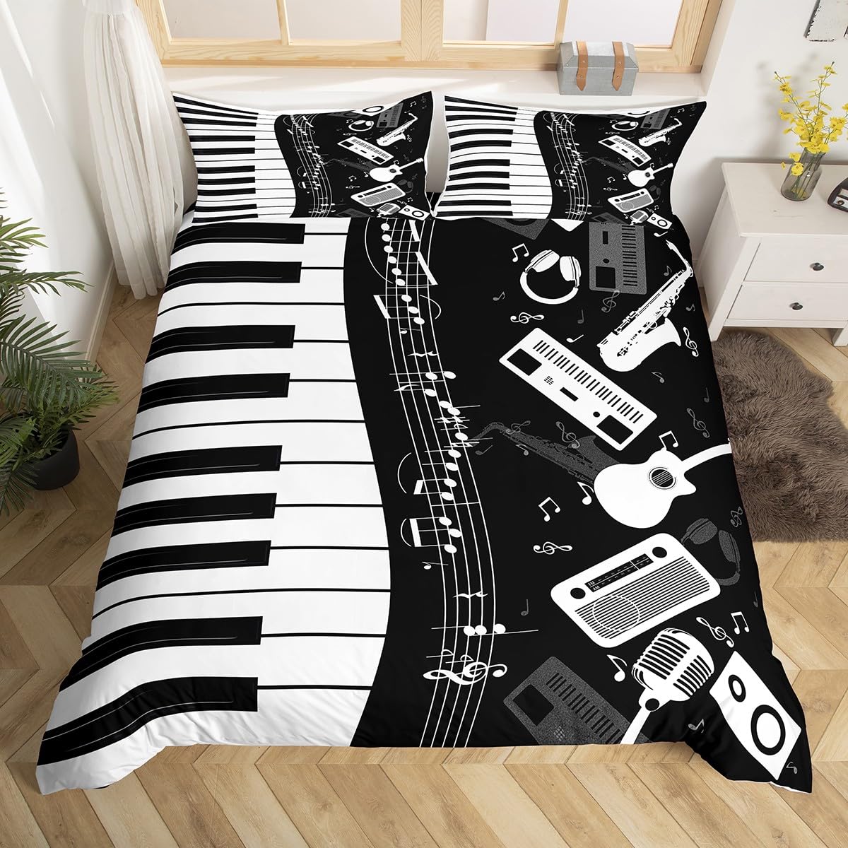 

Music Piano Keys Duvet Cover King Queen Piano Bedding Set Modern Musical Instrument Quilt Cover Black And White Comforter Cover EU single(135x200cm)