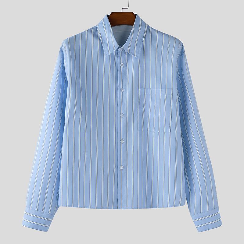 

INCERUN Plus Size Men Lapel Neck Long Sleeve Striped Casual Loose Office Shirts 5XL синий