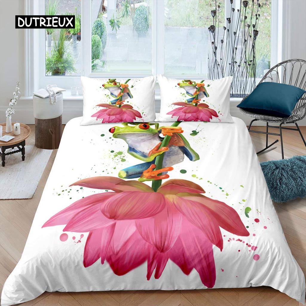 Cartoon Frog Duvet Cover Set Light Green Cartoon Frogs Cute Dragonfly Animal Bedding Set for Kid Twin Size Polyester Quilt Cover