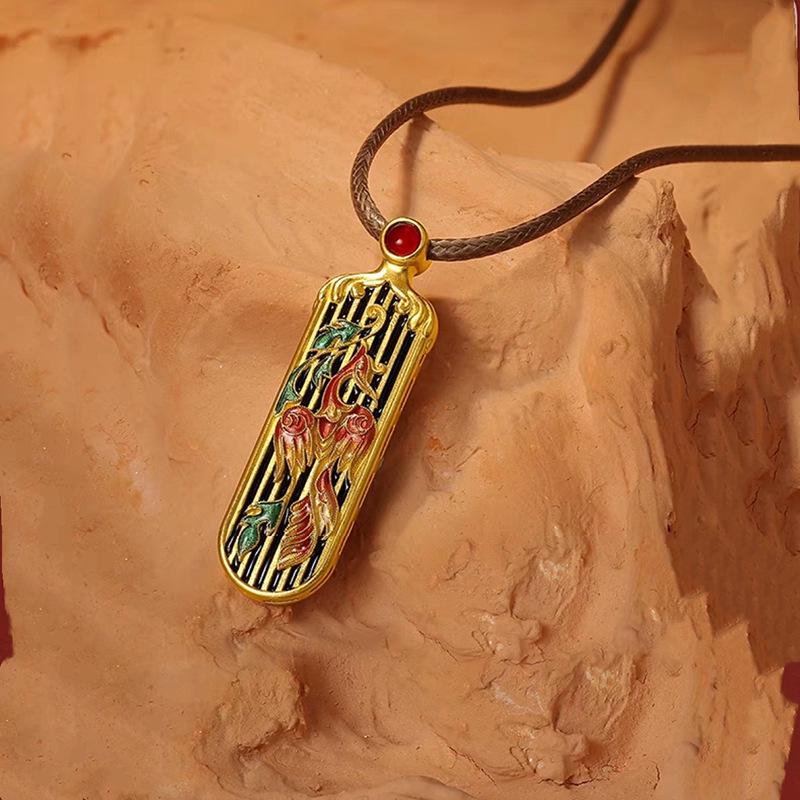 Vietnamese Gold-Enamel Vermilion Bird and Phoenix Brass Necklace