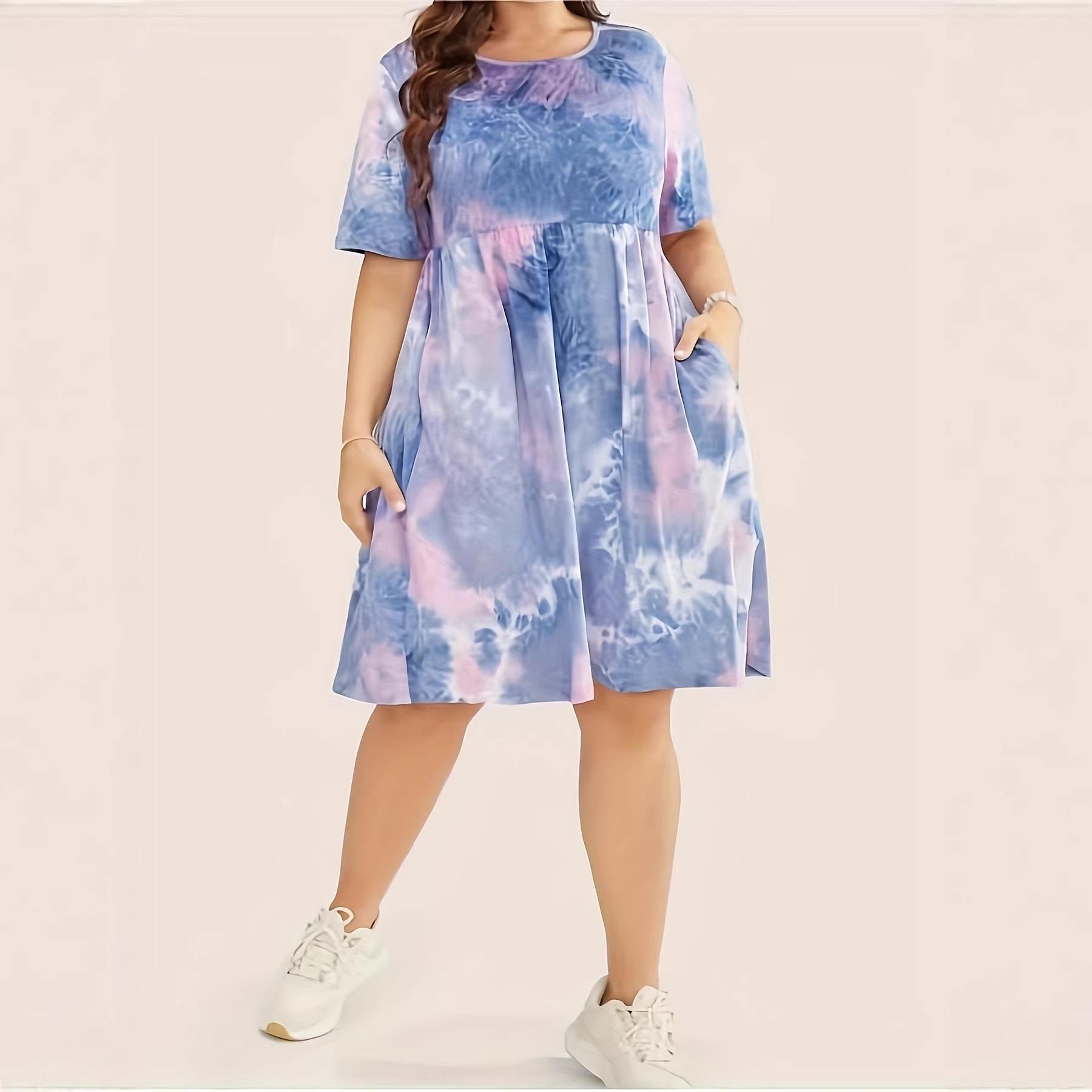 Eye-Catching Gradient Tie-Dye Plus Size Loose Dress for Everyday Wear and Commuting. M