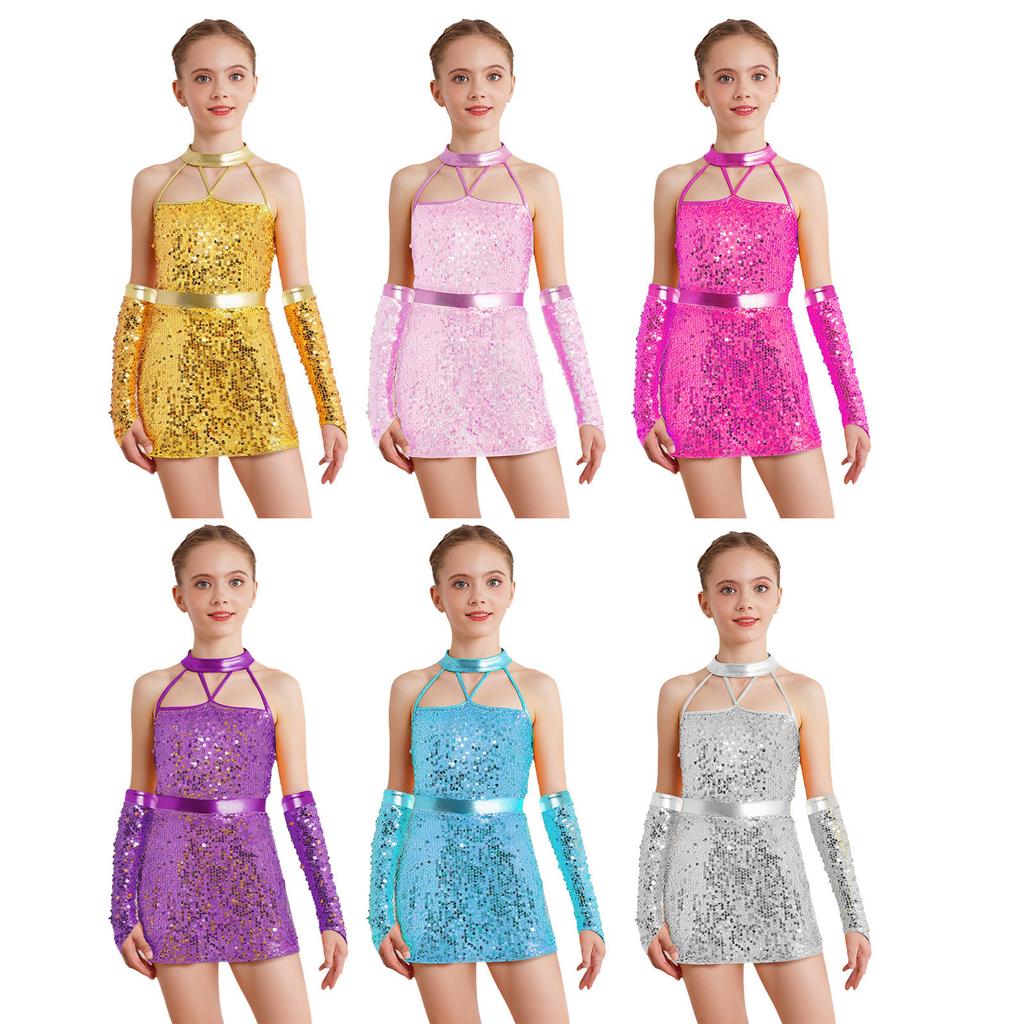 Vestito Bambina con Scollo all'Americana e Paillettes per Danza Jazz Senza Maniche con Spalline Incrociate sulla Schiena Zip Nascosta Scintillante con 1 Paio di Guanti per Gara sul Palco