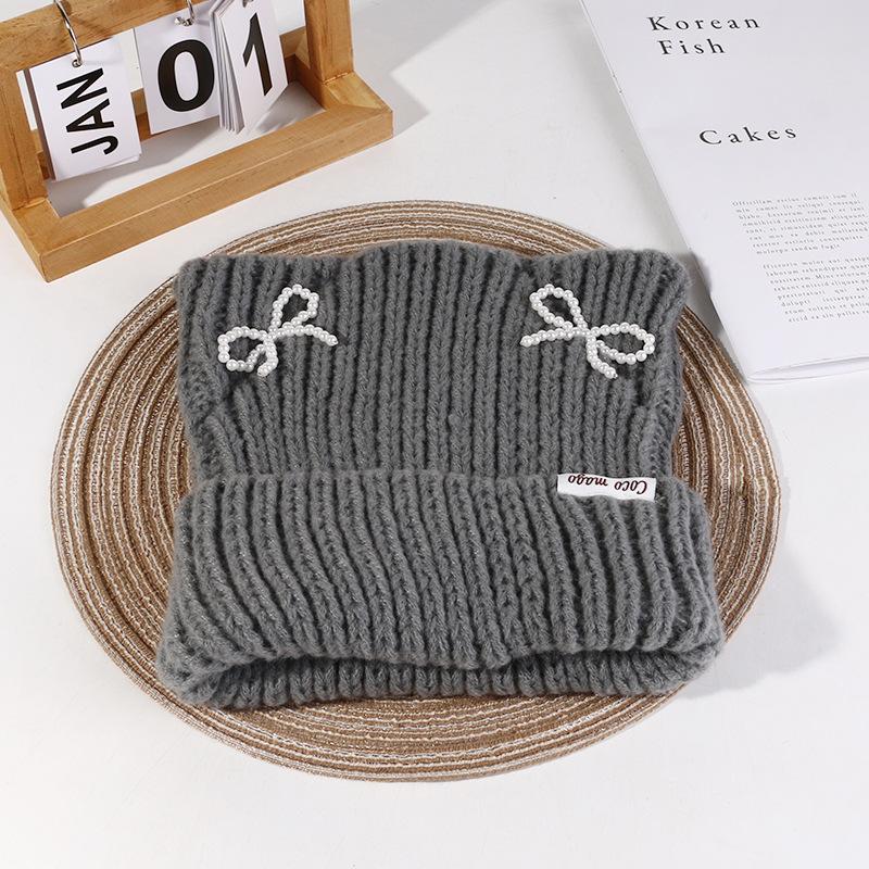 Hat Women's Autumn and Winter Cat Ear Wool Hat Sweet and Cute Bow Warm Knit Hat Ear Protection Cold Pullover Hat