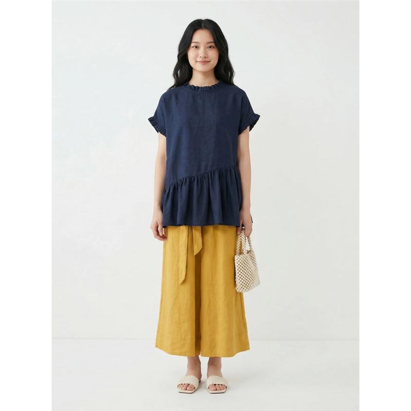 Loom Reverie 100% Linen Elastic Waist Tie-Up Cropped Wide-Leg Pants One Size
