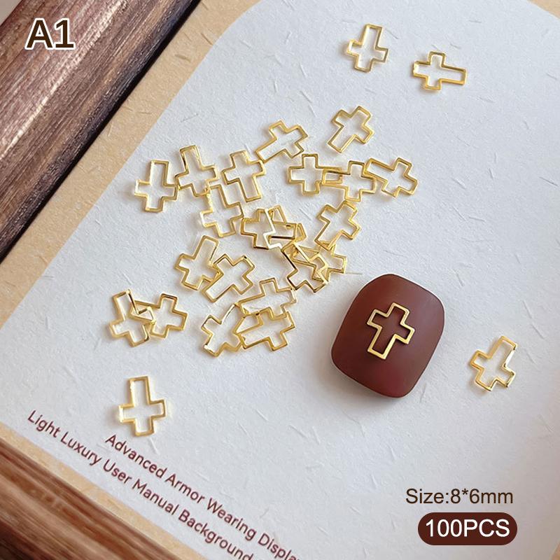 100pcs Alloy Star/Moon 3d Nail Art Charms Gold Flatback Love/Cross/Geometric Nails Decorations Manicure Supplies