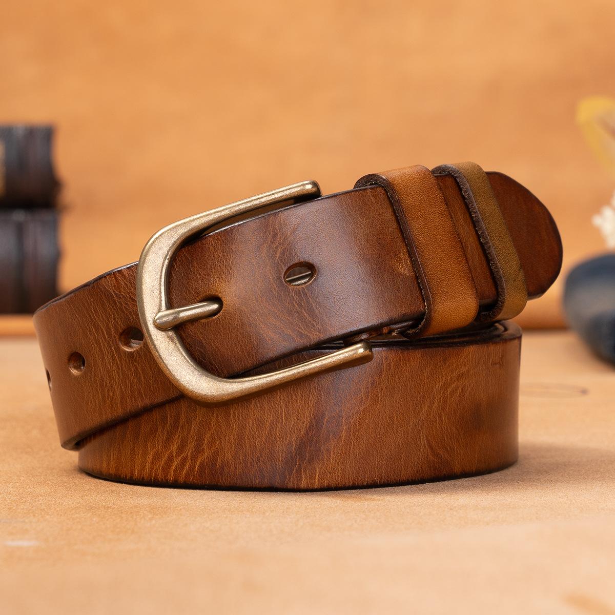 

Men S First-Layer Cowhide Belt Casual Simple Pin Buckle Leather Belt Business Middle-Aged And Young Solid Copper Buckle Belt Men 130cm