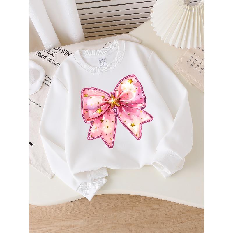 Kids Sweatshirt Crewneck Sweatshirt Pink Bow with Golden Stars Pattern Machine Washable, Spring And Autumn, Sportswear And Casual Wear