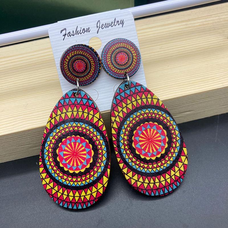 

Bohemian Water Drop Printed Wooden Earrings for Women Vintage Artistic Colorful Pattern Dangle Earring Female Jewelry