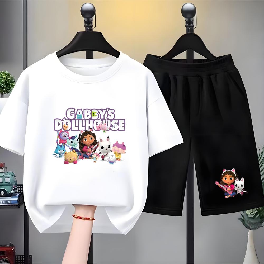 Children Summer Clothing Tshirt+Shorts Gabbys Dollhouse Print Boy Girl Toddler 3-12Yrs Short-Sleeved cool leisure Set