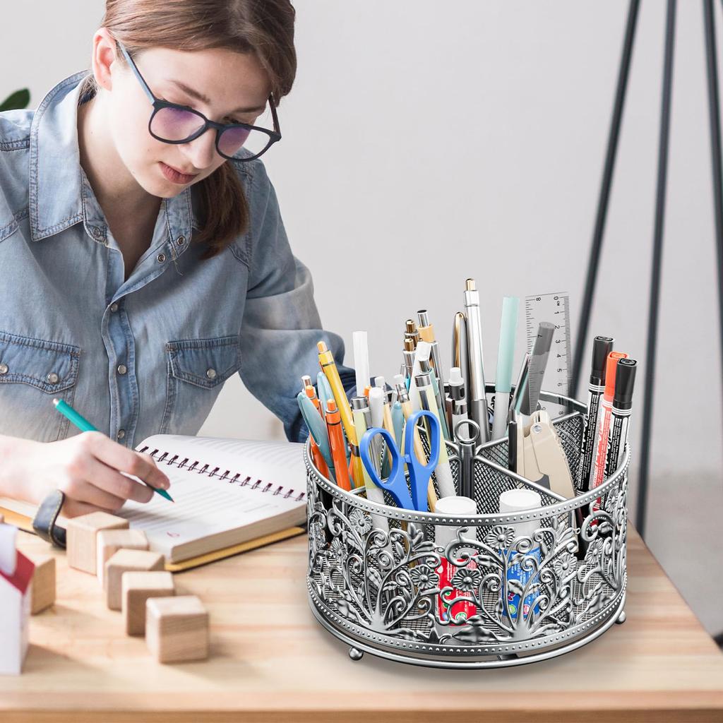 360-Degree Rotating Lace Metal Pen Holder with Large Capacity, 4-Grid Organizer, Perfect for Small Item Storage, Stationery, Cosmetics, and More.