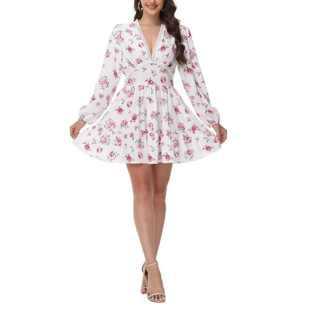 Spring New Women's Sweet Elegant Printed V-Neck Lace Short Mini Dress, European & American Style Casual Party Dress for Women