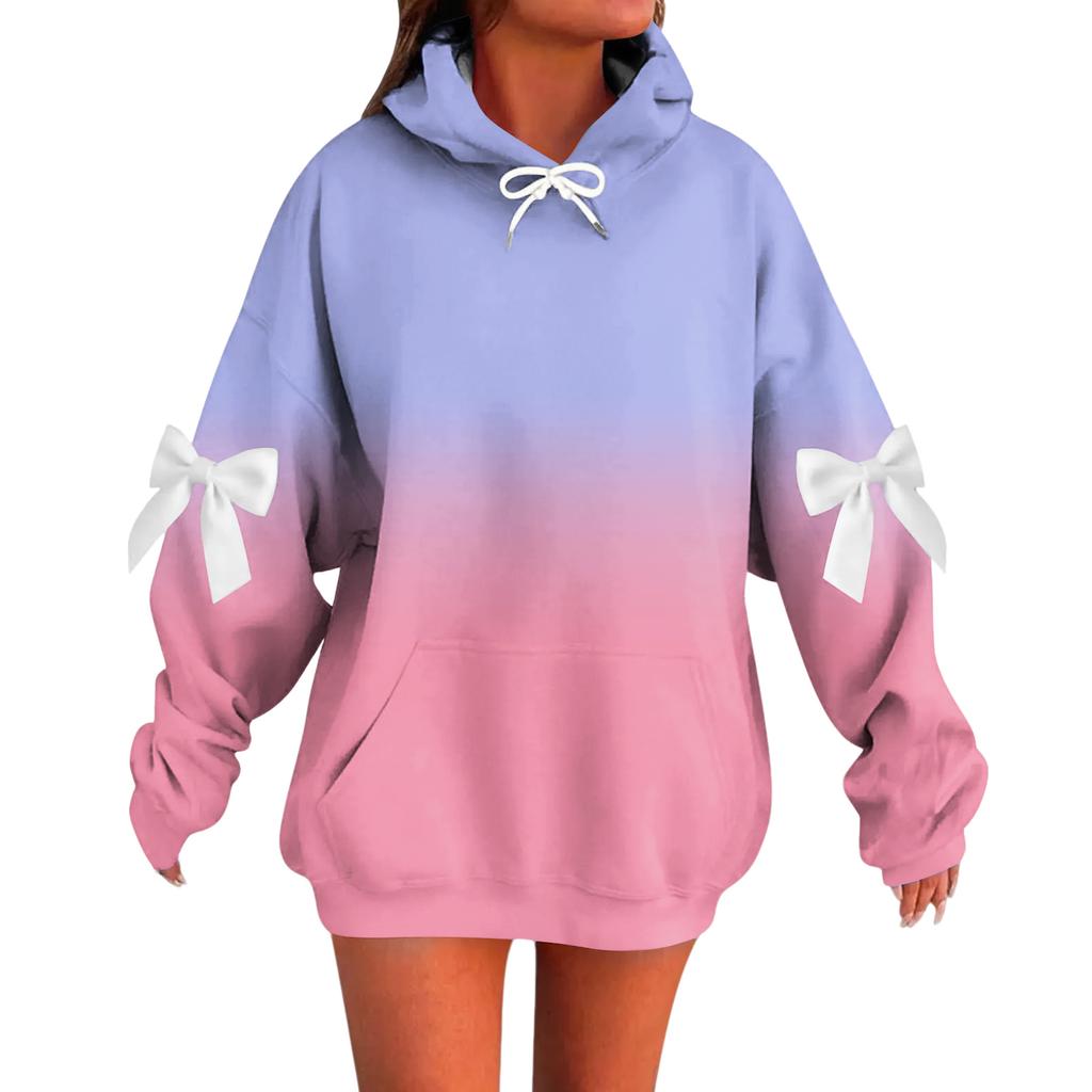 Ladies' Gradient Printed Bow Long Sleeved Loose Fitting Headband With Rope Hooded Sweatshirt Top