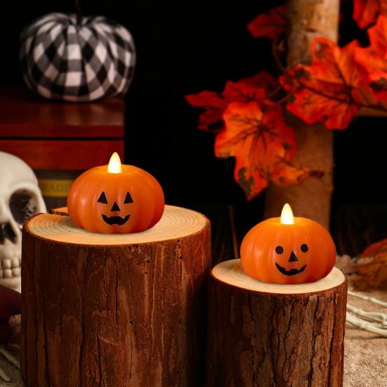 Halloween Flameless Candle Stacked Jack-O'-Lantern LED Candle Light-up Pumpkin Ghost Candle Lamp for Mantel Shelf Dining Table