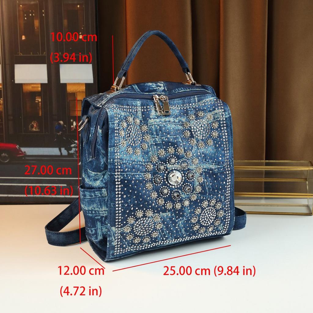 Bags, Fashionable Women'S Diamond-Encrusted Trendy Denim Shoulder Messenger Bag Casual Commuter Handbag Women