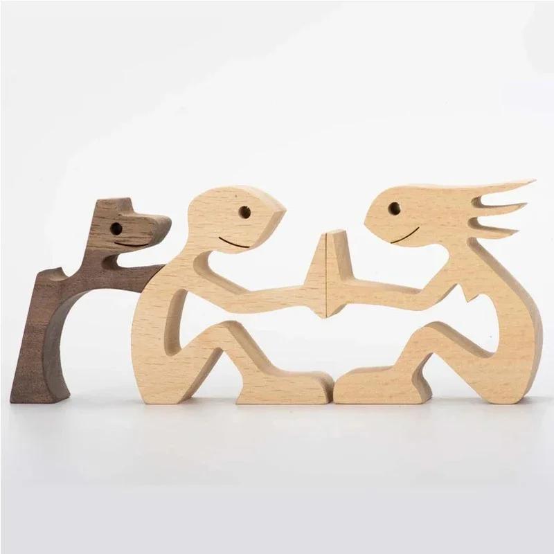 Famiglia Cucciolo Legno Cane Artigianato Figurina Regalo di San Valentino Modello di Intaglio Decorazione per Casa Ufficio Regalo di Natale Decorazione per Coppia