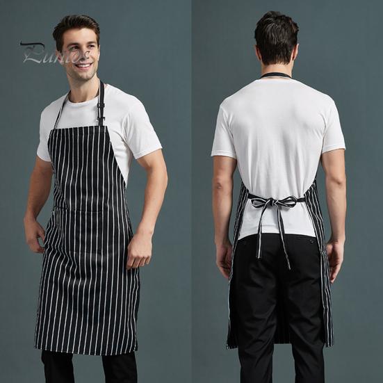 Oil-proof Chef Apron Waterproof Cleaning Bib Stripe Design Adjustable Polyester Cotten with Tool Pockets Wear-resistant for Men Women Oil Stain