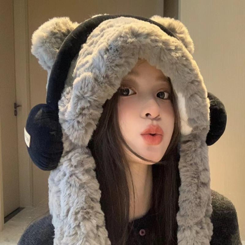 Bear Design Ear Muff Scarf Set Connected Hood Plush Neck Warmer for Winter Cycling Cold Weather Windproof Warm