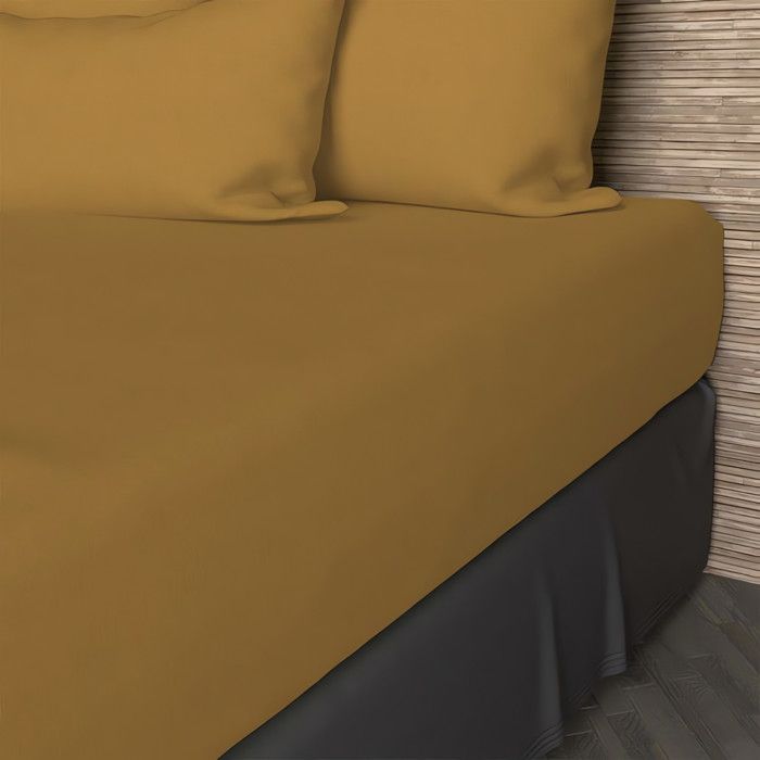 Drap housse en coton 57 fils 90x200 cm UNI moutarde, par Soleil d'ocre