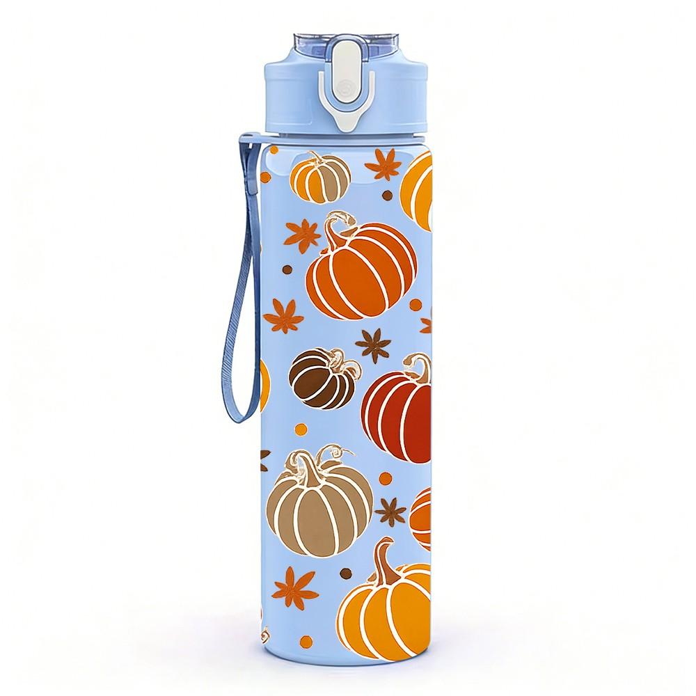 1PC Fall Pumpkin Seamless Pattern Print 750ml Color Plastic Sports Water Bottle Leakproof Flip Straw Lid Suitable for Sports Office Home Use
