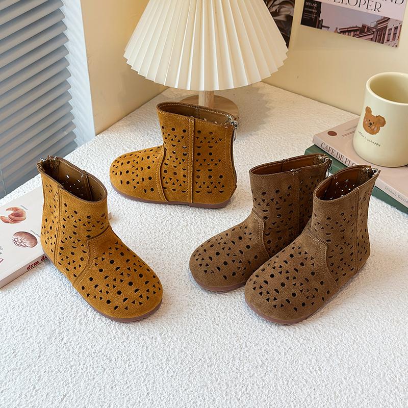 Kids Summer Autumn Boots Retro Soild Color Boys Girls Short Boots Hollowed-out 2025 Brand New Children Leather Boots Back Zipper
