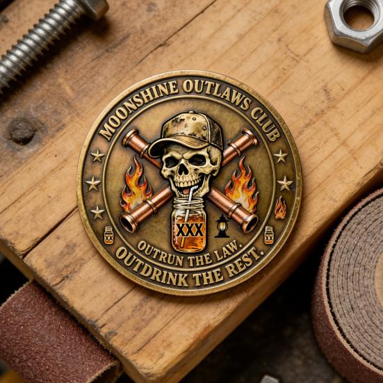 Moonshine Outlaws Club Collectible Coin Double-Sided Vintage Metal Drinking Skull Souvenir Coin Collectors Keepsake Token Gift