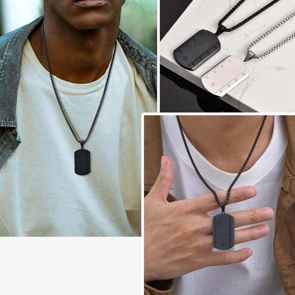 Vnox Stylish Grooved Dogtag Necklaces for Men, Stainless Steel Dog Tags Square Pendant with Single Zircon, Trendy Jewelry Gifts