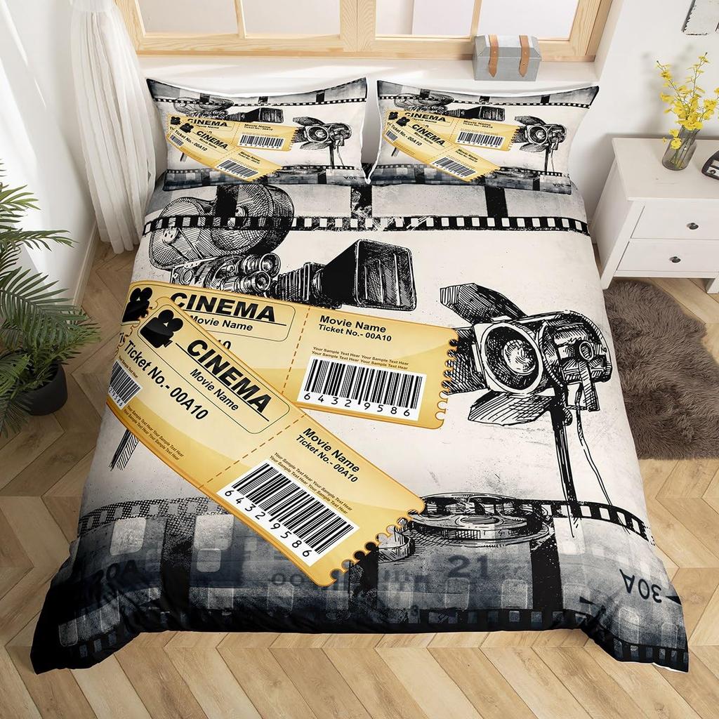 Movie Theme Duvet Cover Movie Theater Decor Bedding Set Full King Vintage Cinema Ticket Clapboard Popcorn Print Comforter Cover