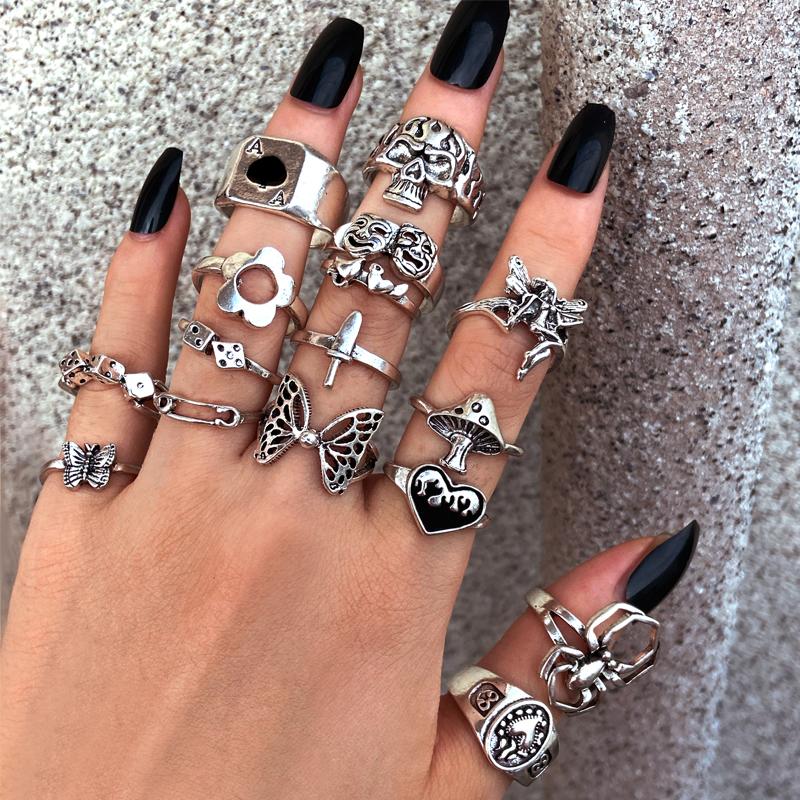 Punk YinYang Ring Set for Women Gothic Black Heart Butterfly Vintage Ghost Silver Color  Plated Retro Rhinestone Finger Jewelry