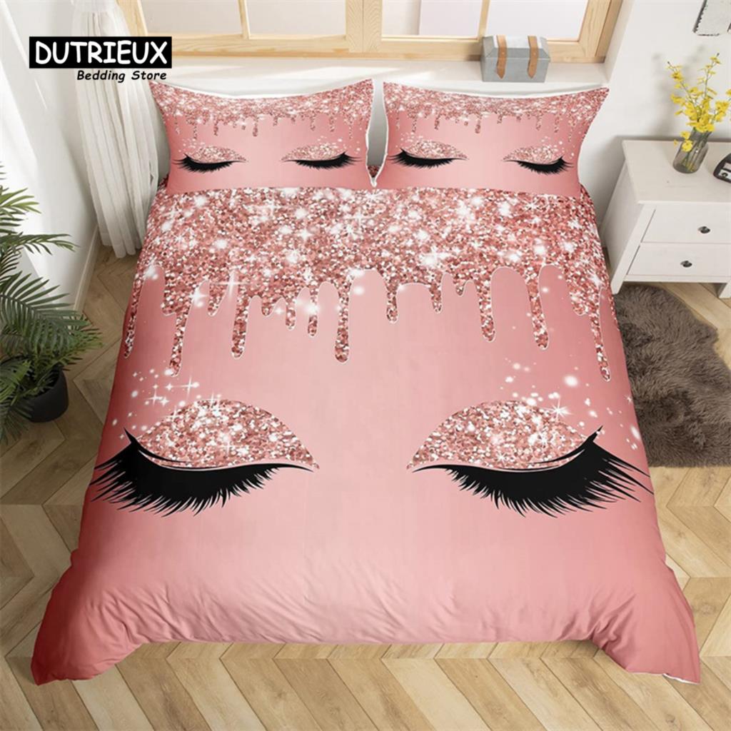 Eyelash Duvet Cover Set Eyes Pattern Design Comforter Cover Microfiber Girly Priness Style Glitter Twin King Queen Bedding Set