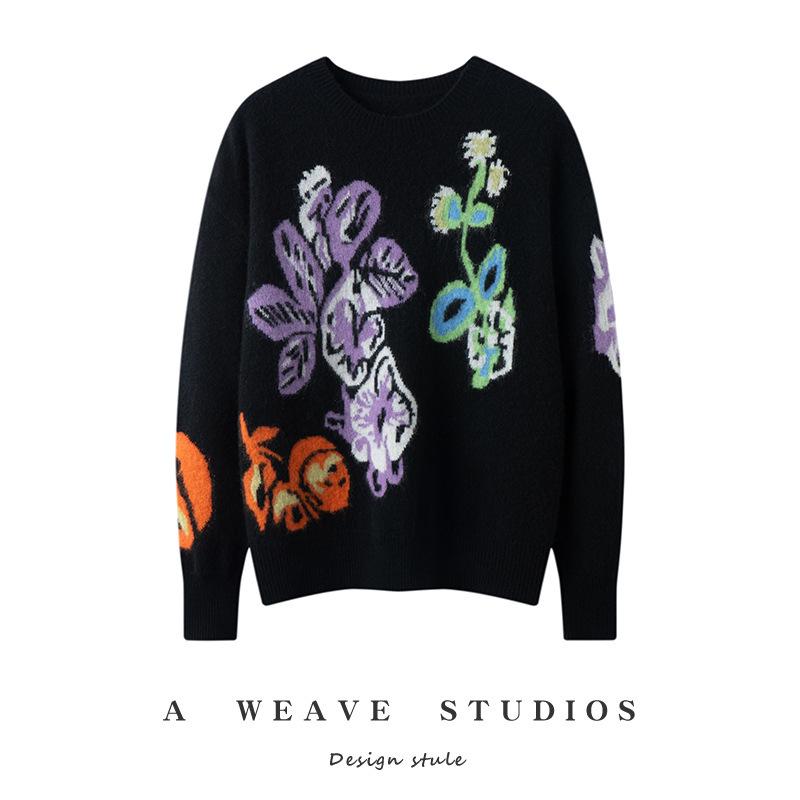 2025 A/W Floral Jacquard Cashmere Women's Embroidered Pullover Sweater
