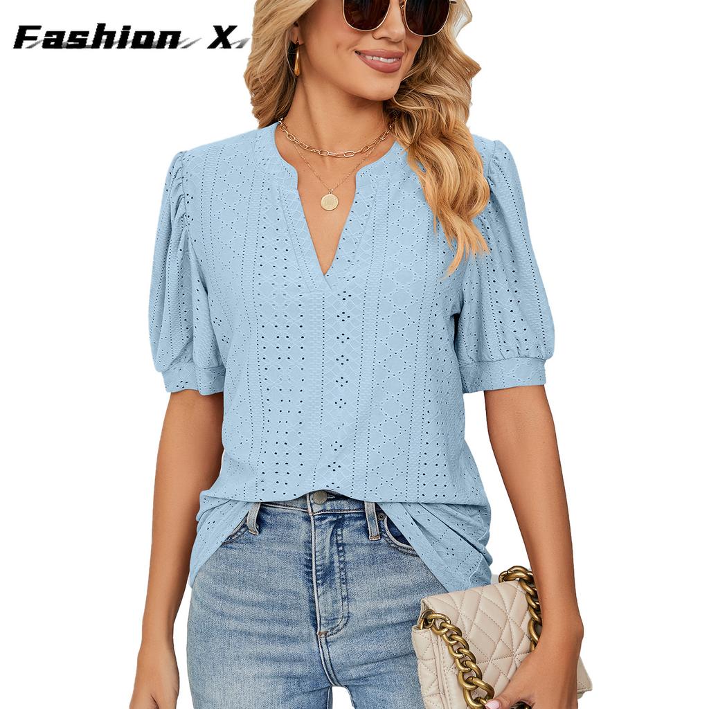 Europe and The United States 2024 Summer Casual V-neck Solid Color Hollow Bubble Sleeve Loose T-shirt Blouse Female