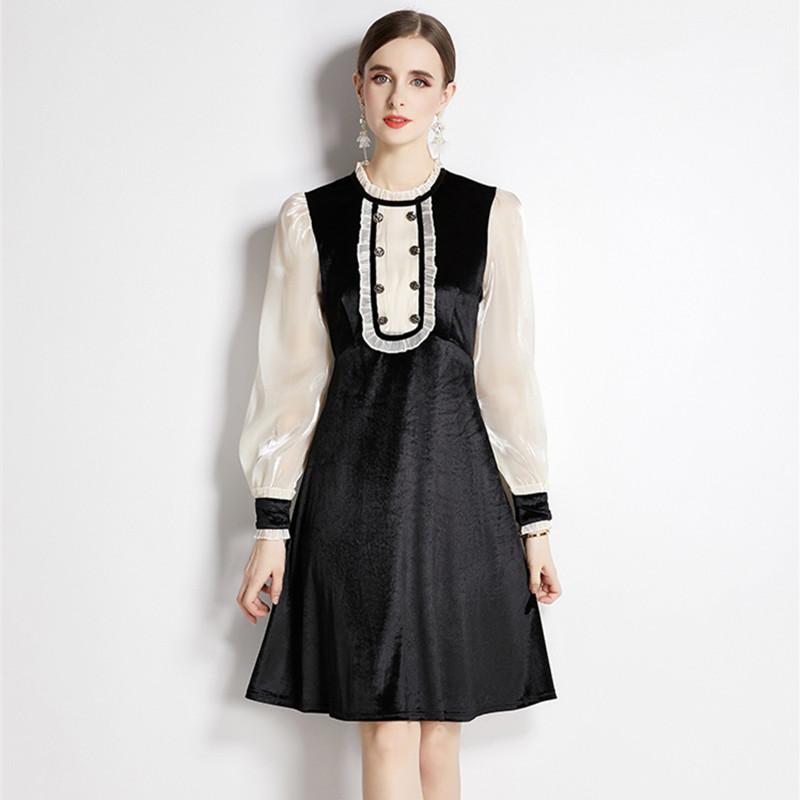 

Дизайнерские весенние винтажные французские лоскутные бархатные платья для женщин, элегантное платье трапециевидной формы длиной до колена с оборками, женское