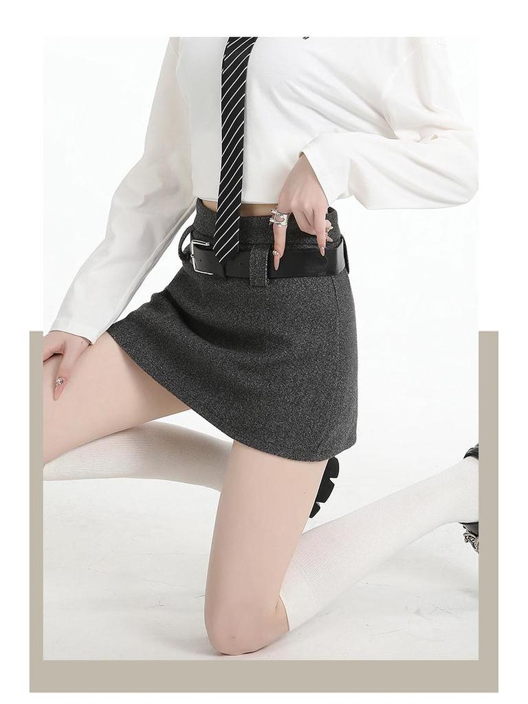 Plus Size Gray Woolen High Waist A-line Skirt for Spring/Autumn