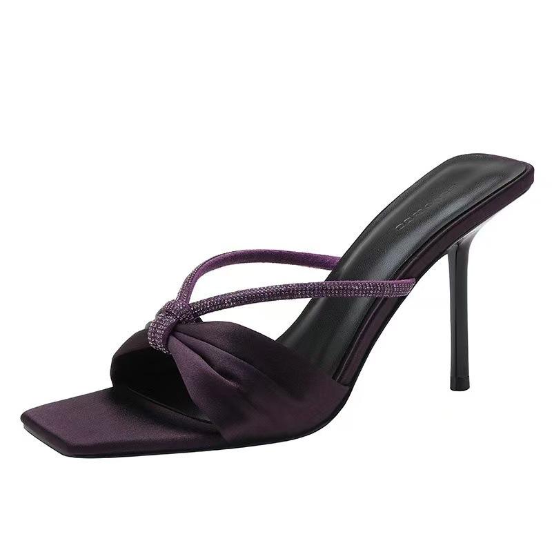 Purple Satin Rhinestone with Sandals Women's Summer New Bow Open-toed Wear High-heeled Cool Slippers