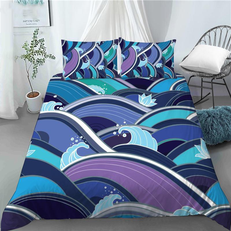 3D Japanese Wave Pattern Duvet Cover Set Fashion Polyester Quilt Cover with Pillowcase for Children Women Home Room Decor Gifts