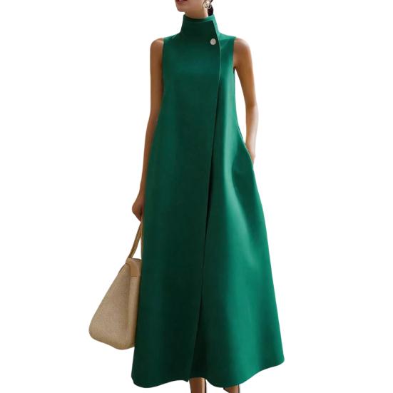 Damska Długa Sukienka z Kołnierzem Stojącym Bez Rękawów Jedno Guzik A-line Maxi Formalna Biznesowa Biurowa Sukienka do Pracy