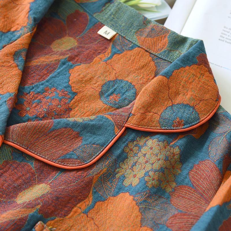 Damen-Pyjama im Muji-Stil aus garngefärbter Baumwolle-Jacquard - Langarm-Cardigan-Set für Frühling und Sommer