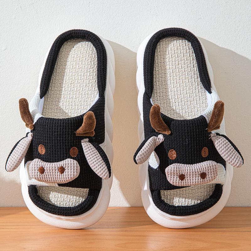 Cute Couple's Linen Slippers: Women's Summer Non-Slip, Thick-Soled, Sweat-Absorbent, Silent Cotton; Four Seasons Men's Style Included.