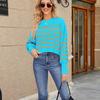 Women's Loose Short Pullover Sweater Stripe Long Sleeve Round Neck Knitted Top
