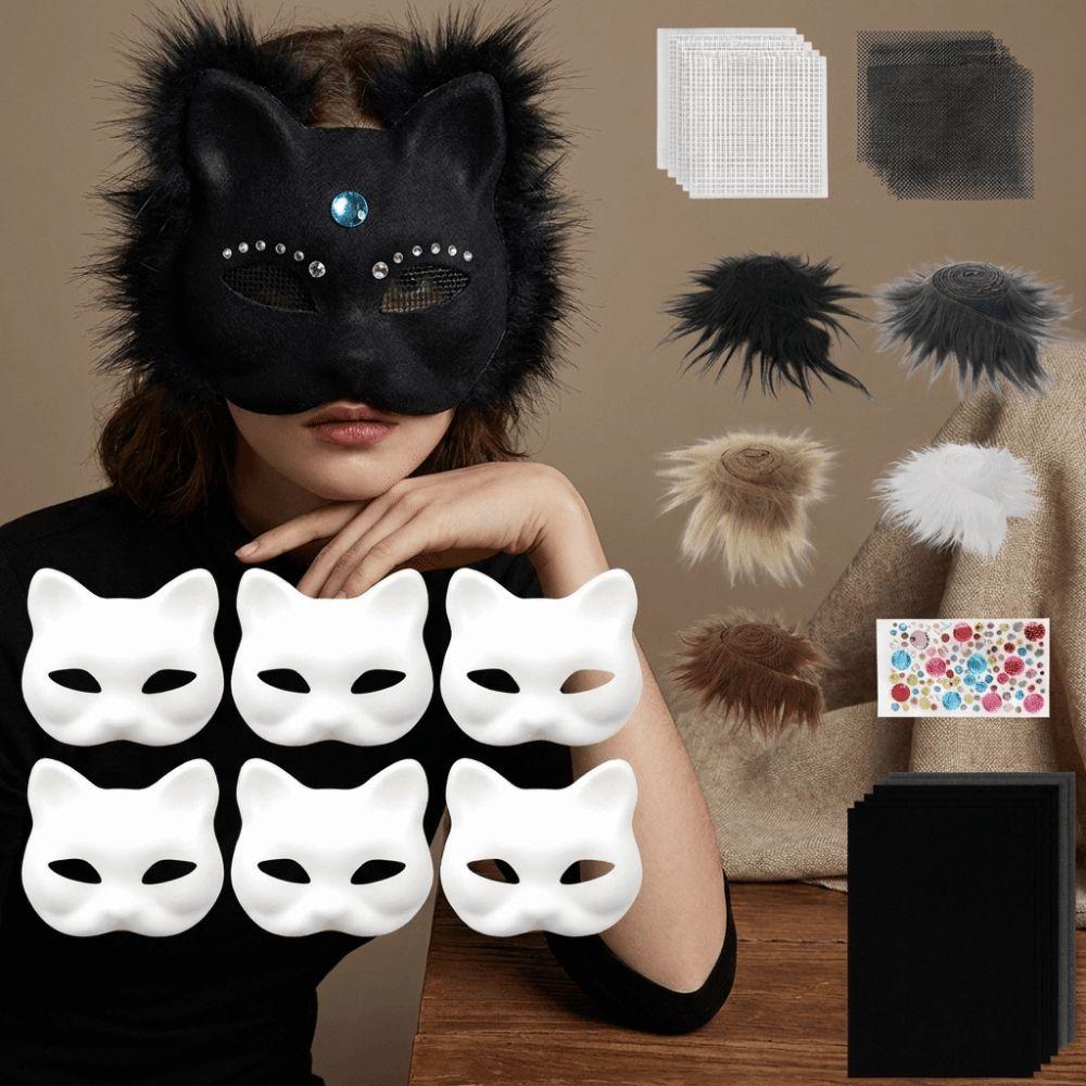 DIY Kit Blank Cat Mask Making Kit Paper Mache Fabric Straps Animal Half Face Mask Mesh Stickers Plush Faux Fur