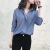 V-neck Chiffon Shirt Women's Long-sleeved Loose Pullover Shirts Korean Style Temperament Solid Color Double Layer Collar Shirt Blue White Casual Shirt