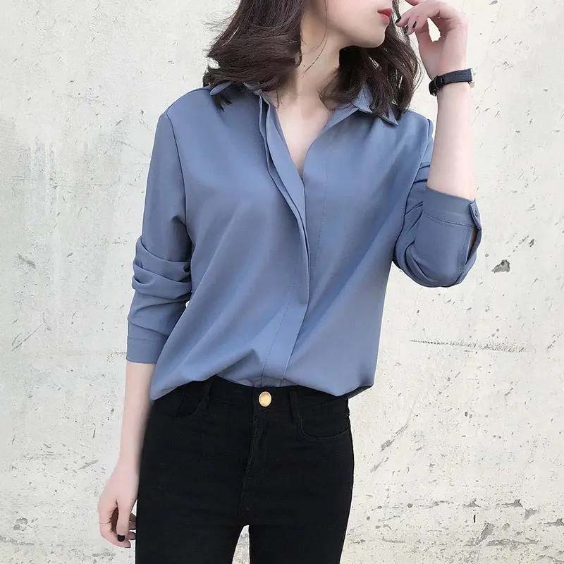 V-neck Chiffon Shirt Women's Long-sleeved Loose Pullover Shirts Korean Style Temperament Solid Color Double Layer Collar Shirt Blue White Casual Shirt