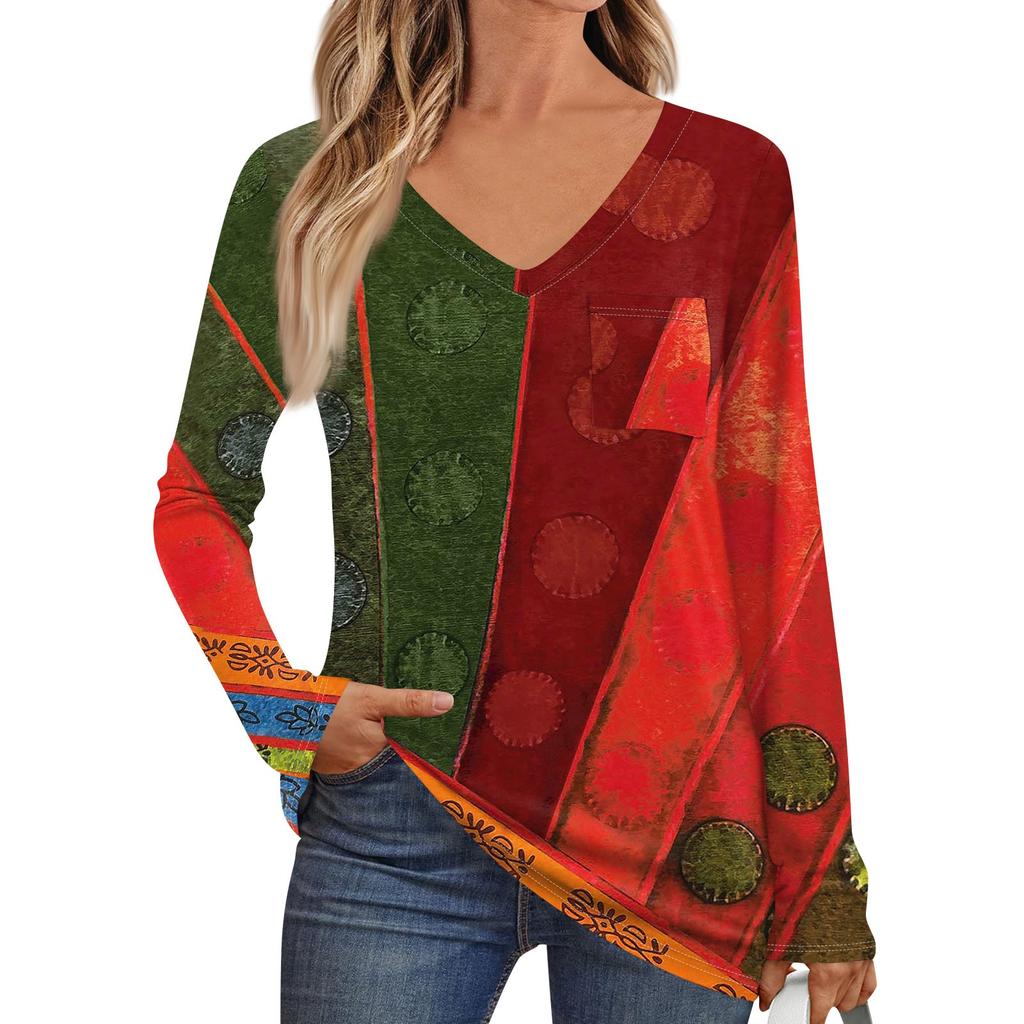 Women's Fashion Long Sleeve V-Neck Pullover Printed T-Shirt Top With Pocket