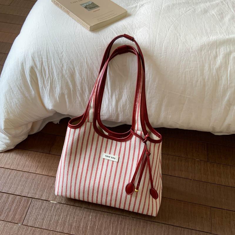 Striped canvas bag women's large-capacity new summer versatile shoulder bag college student class tote bag