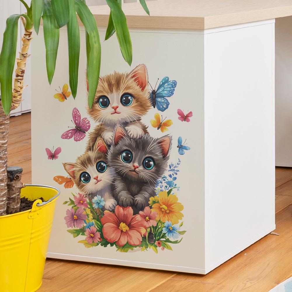 Cute Cat Floral Wall Sticker Self-Adhesive Removable for Bedroom Living Room Closet Dorm Home Decor Art