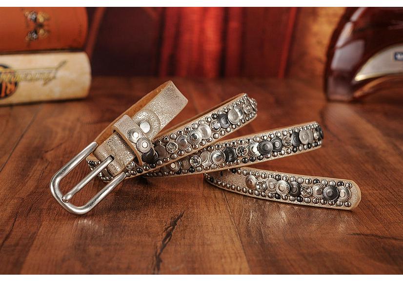 Ethnic Style Retro Rivet Leather Belt with Rhinestone Inlays for Women